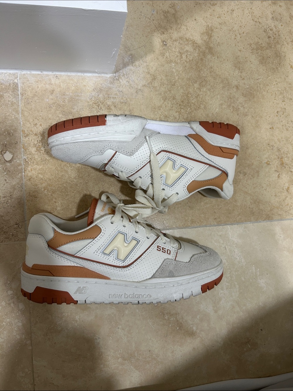 WOMENS New Balance 550 White Cream Tan Low-Top Sneakers with Rust Accents